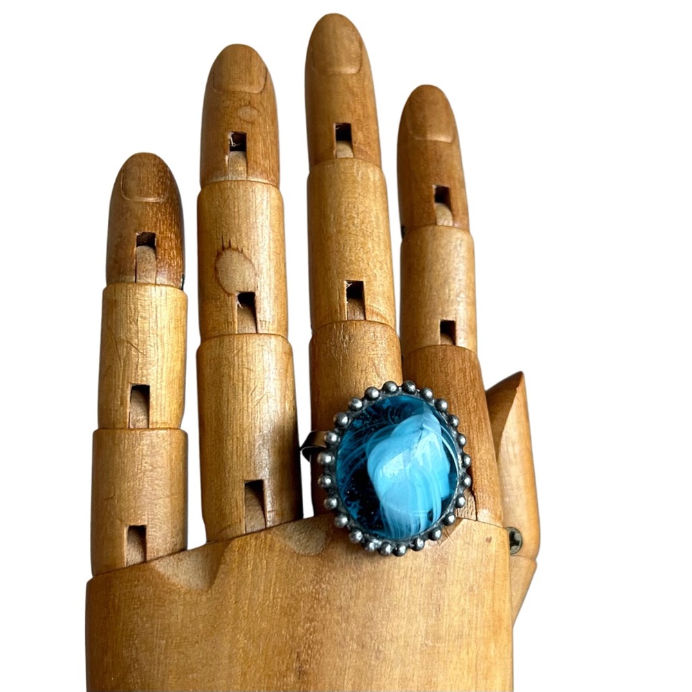 Vintage Sterling Blue Glass Marble Ring